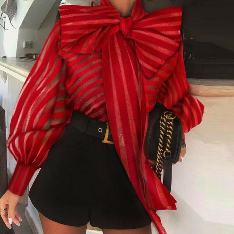 High Street Women Organza Blouse New Big Bow Striped Loose Shirts Puff Sleeve Retro Chic Blouses Clothes Elegant Female Shirt