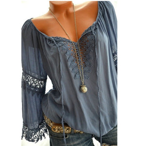 woloong High quality large size cotton and linen women's blouse spring new tops V-neck lace long sleeve women's shirt