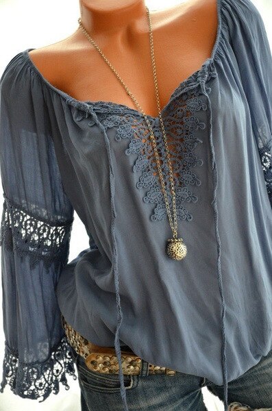 woloong High quality large size cotton and linen women's blouse spring new tops V-neck lace long sleeve women's shirt