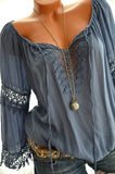 woloong High quality large size cotton and linen women's blouse spring new tops V-neck lace long sleeve women's shirt
