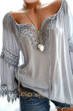 woloong High quality large size cotton and linen women's blouse spring new tops V-neck lace long sleeve women's shirt