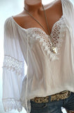 woloong High quality large size cotton and linen women's blouse spring new tops V-neck lace long sleeve women's shirt