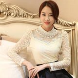 Women Sexy Lace Blouse new Slim Plus size 3XL Lace Tops Long Sleeve Casual Shirt Beaded Openwork Feminine Tops