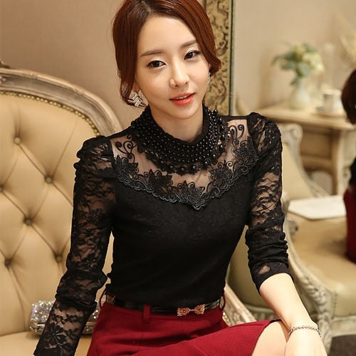 Women Sexy Lace Blouse new Slim Plus size 3XL Lace Tops Long Sleeve Casual Shirt Beaded Openwork Feminine Tops