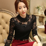 Women Sexy Lace Blouse new Slim Plus size 3XL Lace Tops Long Sleeve Casual Shirt Beaded Openwork Feminine Tops