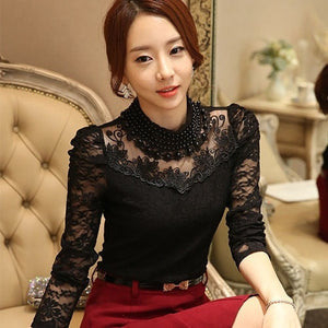Women Sexy Lace Blouse new Slim Plus size 3XL Lace Tops Long Sleeve Casual Shirt Beaded Openwork Feminine Tops