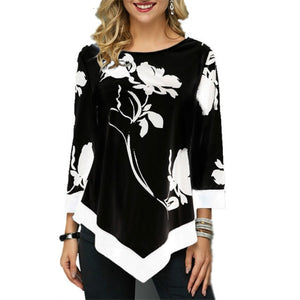 New Spring 5XL Large Size Women T Shirt Casual Irregular O-Neck Lace Splice Floral Printing Tee Shirt Women's Tops Plus Size 4XL