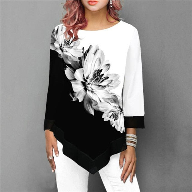 New Spring 5XL Large Size Women T Shirt Casual Irregular O-Neck Lace Splice Floral Printing Tee Shirt Women's Tops Plus Size 4XL