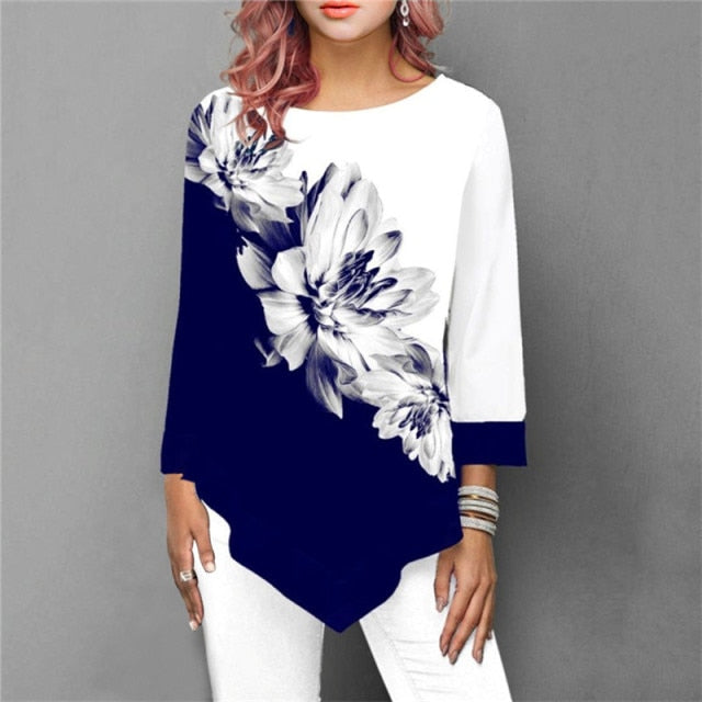 New Spring 5XL Large Size Women T Shirt Casual Irregular O-Neck Lace Splice Floral Printing Tee Shirt Women's Tops Plus Size 4XL