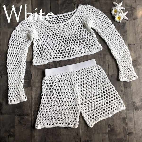 Swimsuit Female Bikini Crochet Beach Split Swimsuit Fishnet Hollow Out Mesh Bikini Cover Up Long Sleeve Beachwear
