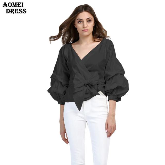White Shirts Blouses Peplum Tops Puff Sleeves with Waist Belt Bowtie V Neck Large Size Women's Fashion Female Clothes New Blusas