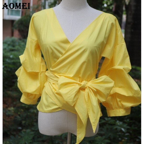 White Shirts Blouses Peplum Tops Puff Sleeves with Waist Belt Bowtie V Neck Large Size Women's Fashion Female Clothes New Blusas