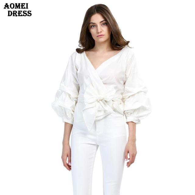 White Shirts Blouses Peplum Tops Puff Sleeves with Waist Belt Bowtie V Neck Large Size Women's Fashion Female Clothes New Blusas