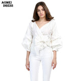 White Shirts Blouses Peplum Tops Puff Sleeves with Waist Belt Bowtie V Neck Large Size Women's Fashion Female Clothes New Blusas