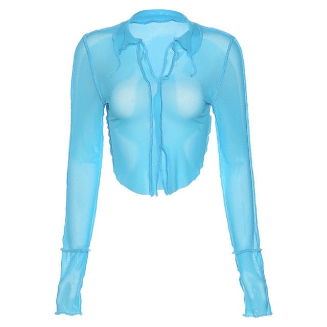 Sexy low cut mesh crop top women T-shirt autumn new club party black see-through Transparent long sleeve tee shirt female