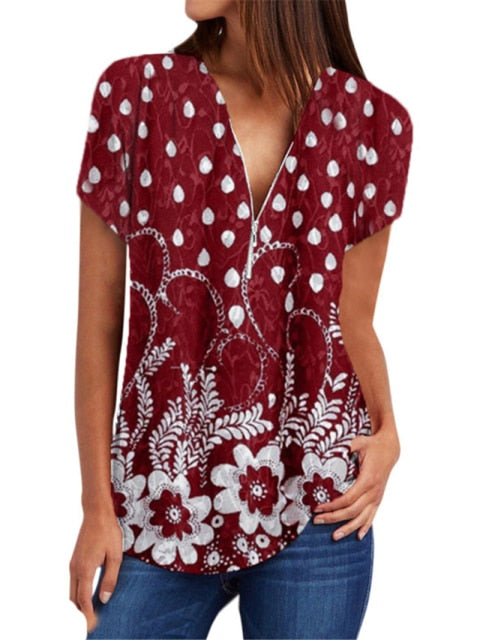 Fashion new temperament woman shirt casual zipper shirt ladies loose large size shirt short sleeve shirt