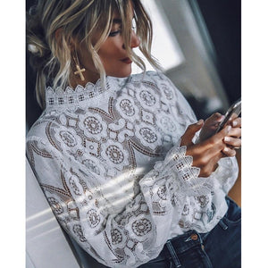 Sexy lace blouse white fashion full sleeve blusa feminina ladies tops vintage sexy lace shirt vetidos mujer spring new