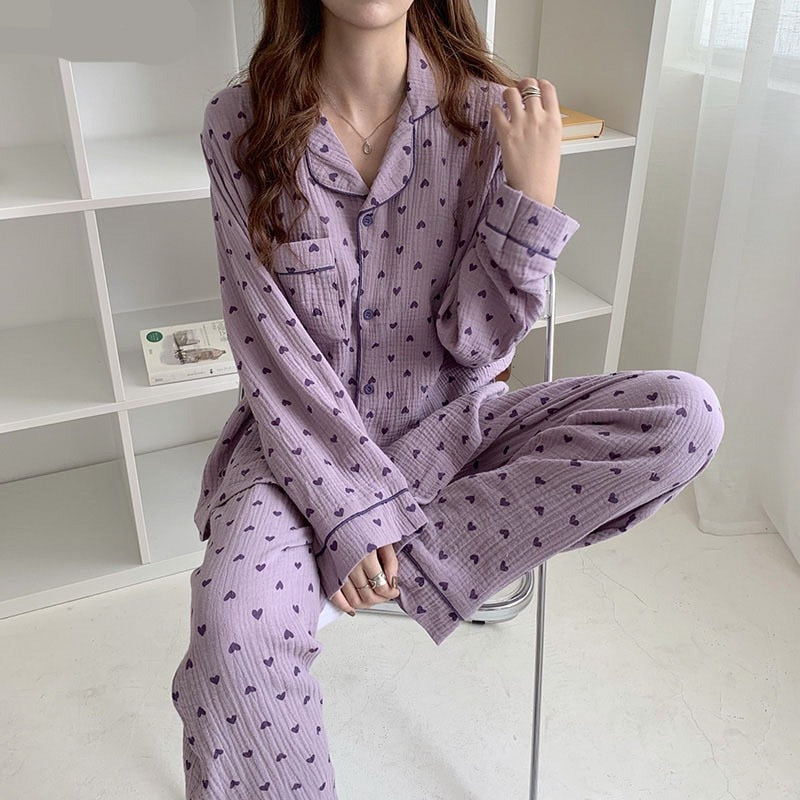 woloong New Autumn Winter Sleepwear 2 Pieces Sets For Women's Cotton Pajamas Turn-down Collar Homewear Large Size Pijama Pyjama Female