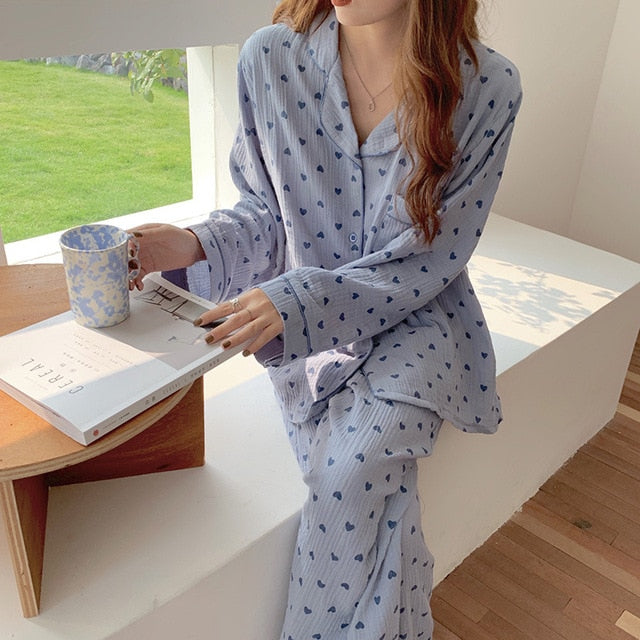 woloong New Autumn Winter Sleepwear 2 Pieces Sets For Women's Cotton Pajamas Turn-down Collar Homewear Large Size Pijama Pyjama Female
