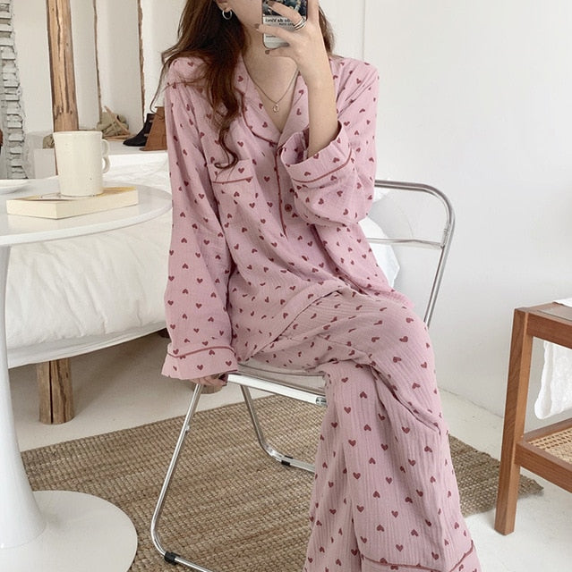 woloong New Autumn Winter Sleepwear 2 Pieces Sets For Women's Cotton Pajamas Turn-down Collar Homewear Large Size Pijama Pyjama Female