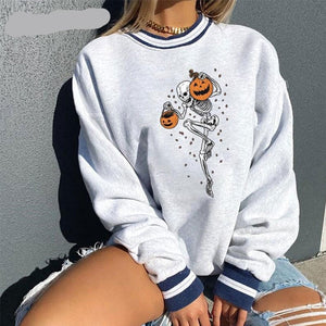 woloong Halloween Pumpkin Skull Print Sweatshirt for Women  Fall Europe and America Style New Casual Thin Pullover Female Hoodies