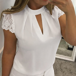 5XL Large Size New Women Sexy Lace White Blouse Shirt Ladies Short Sleeve V-neck Casual Slim Chiffon Shirts Blusas Top Mujer