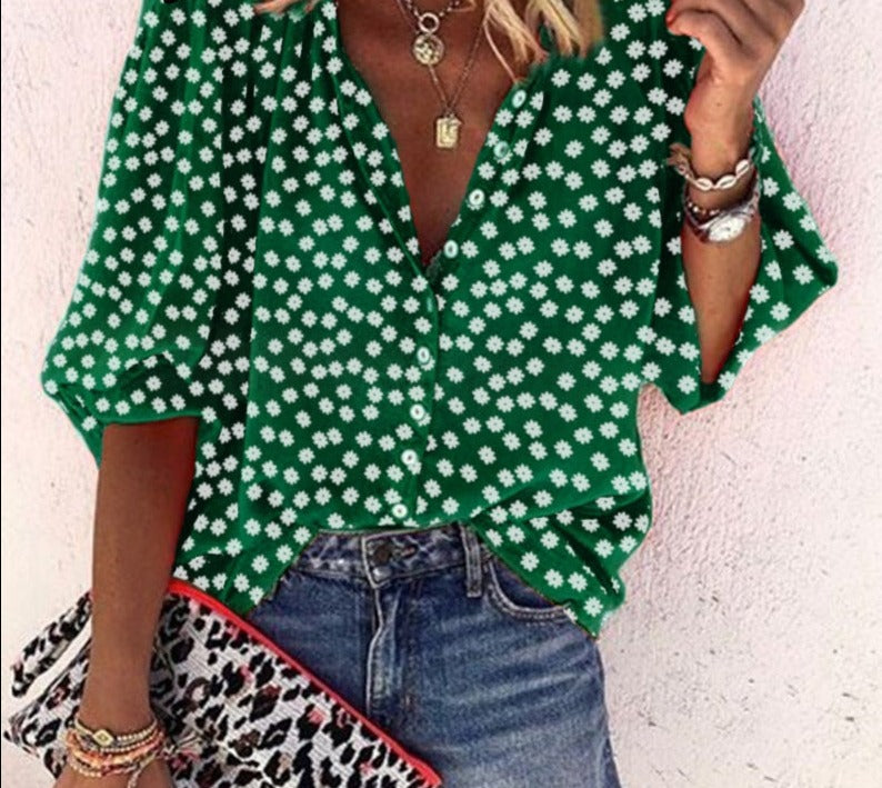 New Fashion Daisy Floral Print Shirts Women V Neck Long Sleeve Button Tops Casual Loose Plus Size Blouse