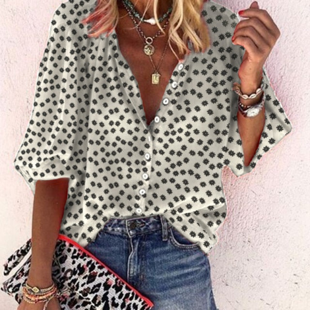 New Fashion Daisy Floral Print Shirts Women V Neck Long Sleeve Button Tops Casual Loose Plus Size Blouse