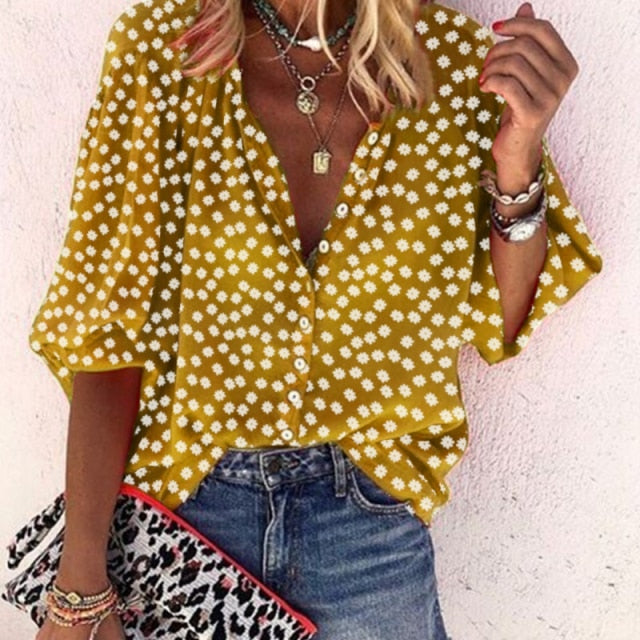 New Fashion Daisy Floral Print Shirts Women V Neck Long Sleeve Button Tops Casual Loose Plus Size Blouse