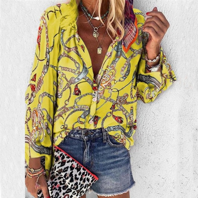 New Fashion Daisy Floral Print Shirts Women V Neck Long Sleeve Button Tops Casual Loose Plus Size Blouse