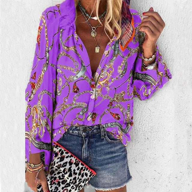 New Fashion Daisy Floral Print Shirts Women V Neck Long Sleeve Button Tops Casual Loose Plus Size Blouse