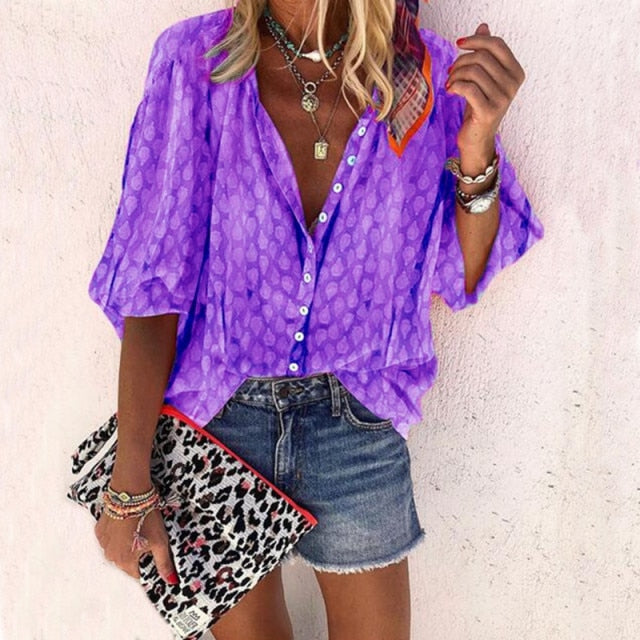 New Fashion Daisy Floral Print Shirts Women V Neck Long Sleeve Button Tops Casual Loose Plus Size Blouse