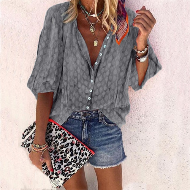 New Fashion Daisy Floral Print Shirts Women V Neck Long Sleeve Button Tops Casual Loose Plus Size Blouse