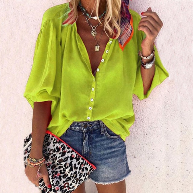 New Fashion Daisy Floral Print Shirts Women V Neck Long Sleeve Button Tops Casual Loose Plus Size Blouse