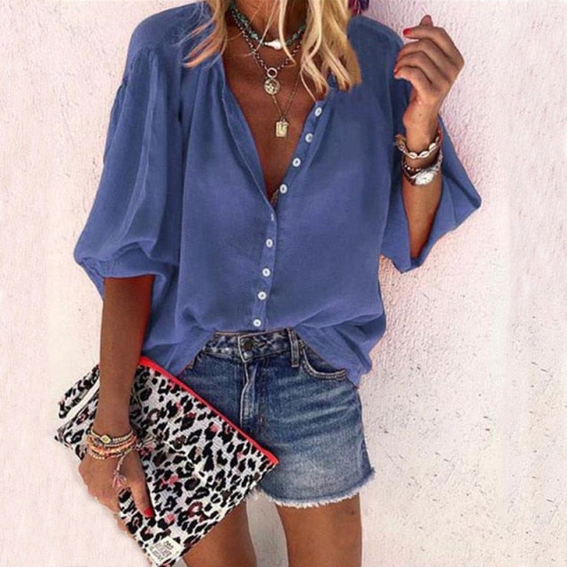 New Fashion Daisy Floral Print Shirts Women V Neck Long Sleeve Button Tops Casual Loose Plus Size Blouse