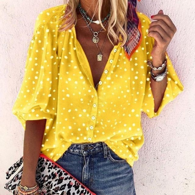 New Fashion Daisy Floral Print Shirts Women V Neck Long Sleeve Button Tops Casual Loose Plus Size Blouse