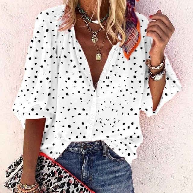 New Fashion Daisy Floral Print Shirts Women V Neck Long Sleeve Button Tops Casual Loose Plus Size Blouse