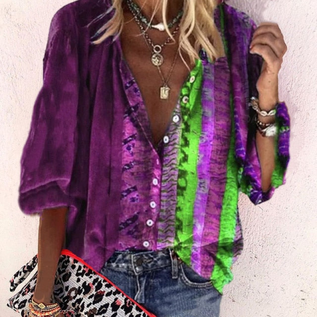 New Fashion Daisy Floral Print Shirts Women V Neck Long Sleeve Button Tops Casual Loose Plus Size Blouse