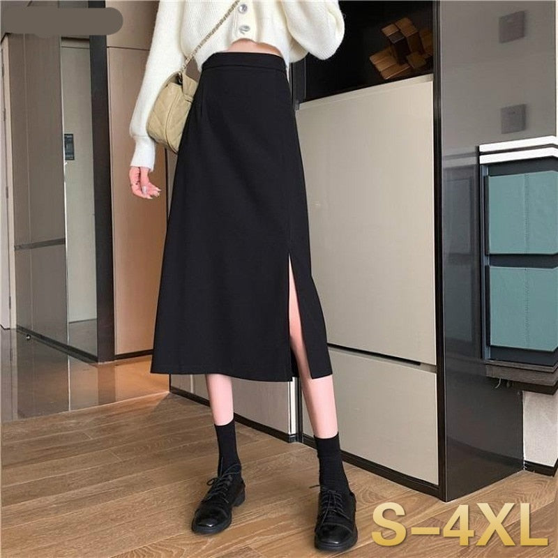 Skirts Women Black High-waist Side-split Midi Skirt Ladies Stretchy Body-con A-line Vintage Elegant All-match Simple Fashion New