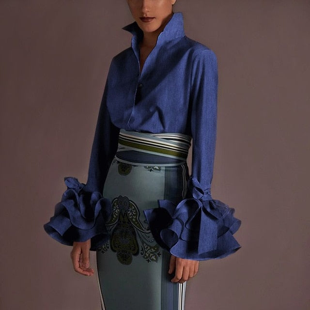 New Women Shirts Spring Summer Sexy Turn-down Collar Flare Sleeve Party Tops Office Shirt Casual  Blusas