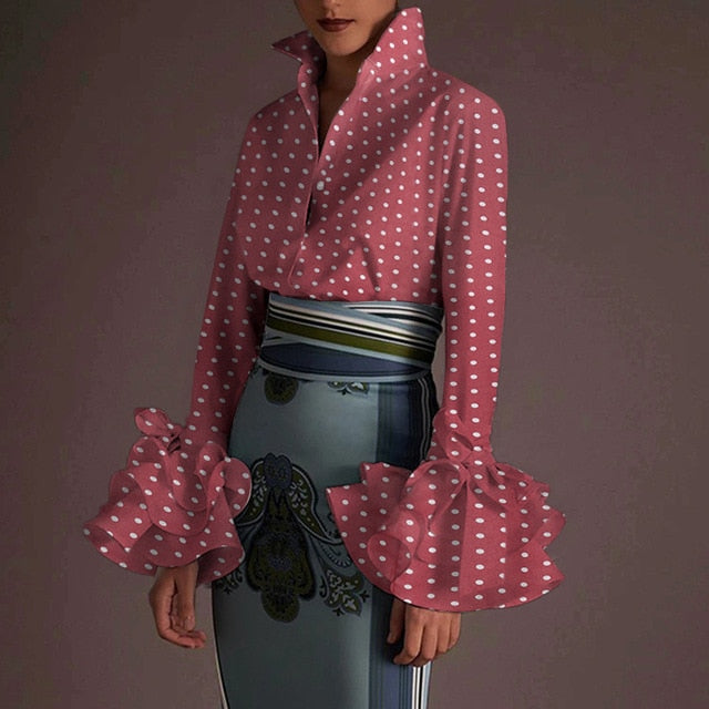 New Women Shirts Spring Summer Sexy Turn-down Collar Flare Sleeve Party Tops Office Shirt Casual  Blusas