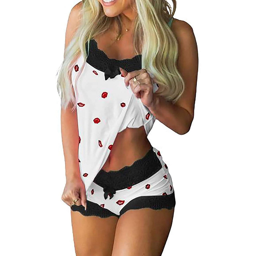 Strap Lace Pajama Set Sleeveless Trim Bowknot Pyjamas Sleep Shorts Set Lace Pijama Suit Sleepwear Women Sexy Nighties Summer