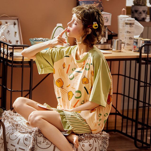 woloong Women Pajama Sets Summer Oversized Cotton Cute Short Sleeve Home Suits Korean Women's Homewear 2 Piece Set Sleepwear Pijama New