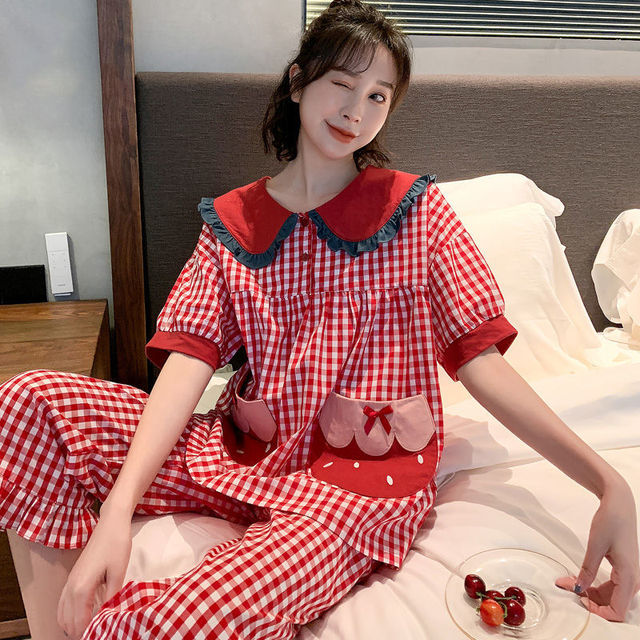 woloong Women Pajama Sets Summer Oversized Cotton Cute Short Sleeve Home Suits Korean Women's Homewear 2 Piece Set Sleepwear Pijama New