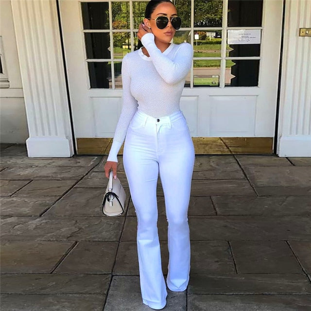 Cotton White High Waist Casual Flared Jeans Women Spring New Slim Slimming Denim Trousers Office Lady Denim Flared Pants