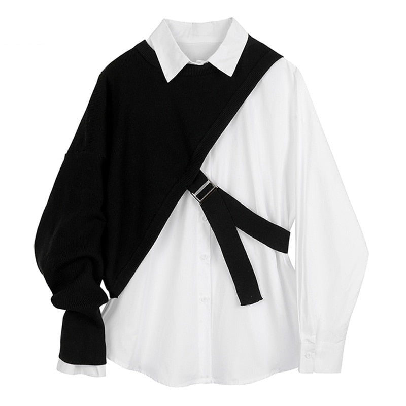 woloong  Women White Knitting Split Big Size Blouse New Lapel Long Sleeve Loose Fit Shirt Fashion Tide Spring Autumn 1DC019