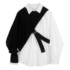 woloong  Women White Knitting Split Big Size Blouse New Lapel Long Sleeve Loose Fit Shirt Fashion Tide Spring Autumn 1DC019