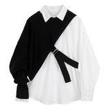 woloong  Women White Knitting Split Big Size Blouse New Lapel Long Sleeve Loose Fit Shirt Fashion Tide Spring Autumn 1DC019