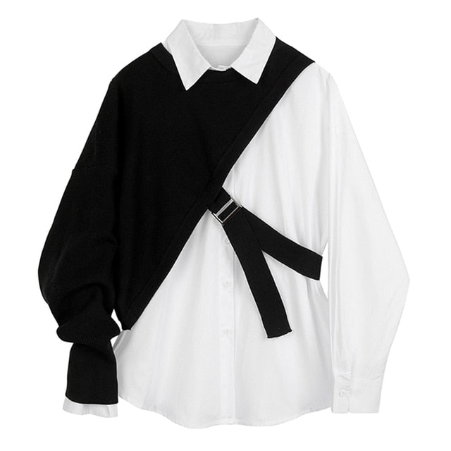 woloong  Women White Knitting Split Big Size Blouse New Lapel Long Sleeve Loose Fit Shirt Fashion Tide Spring Autumn 1DC019