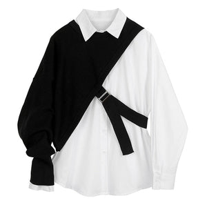 woloong  Women White Knitting Split Big Size Blouse New Lapel Long Sleeve Loose Fit Shirt Fashion Tide Spring Autumn 1DC019